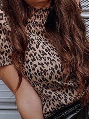 Zara Leopard Smocked Mock Neck Puff Sleeve Top - Tan & Black, Size S